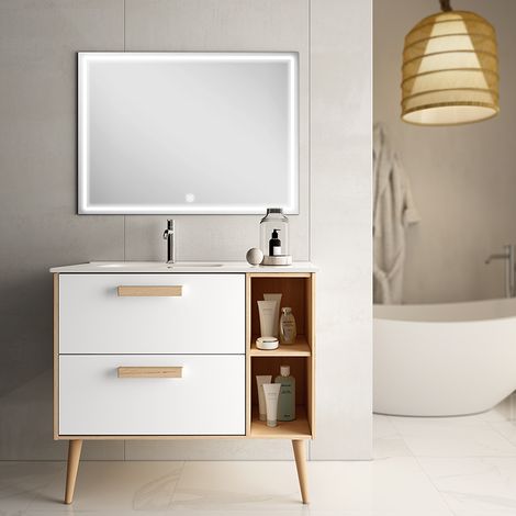 Meuble de salle de bain vasque déportée - 2 tiroirs - MALIA et miroir Led VELDI - 80cm (1/5)