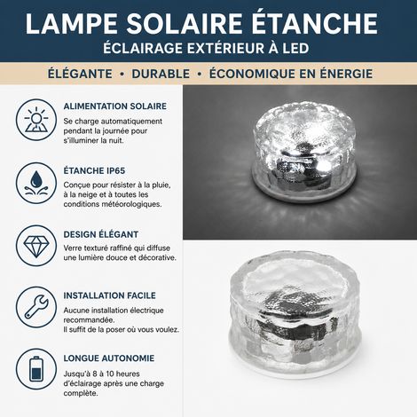 Lampe solaire pavé de verre rond blanc froid à base blanche réf 2415 10,3 × 10,3 × 5,4 cm 435 g – Livraison gratuite
