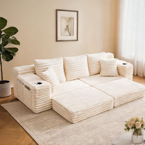 Canapé convertible modulable en tissu velours côtelé beige (1/5)