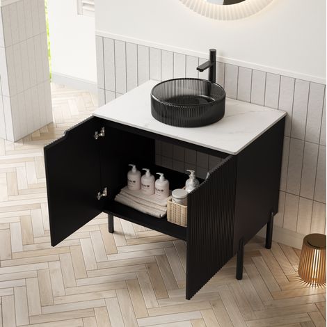 Mueble de lavabo de pie 76 cm en negro y blanco con lavabo redondo de vidrio negro, puertas dobles y encimera de piedra sinterizada (1/5)