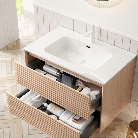 Meuble vasque mural 81x46,5x50 cm en céramique blanc/noyer, 2 tiroirs gain de place – MEUBLIV (1/5)