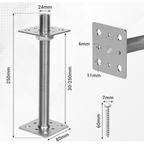 Wolketon Pfostenträger höhenverstellbar 30–250 mm – Individuell anpassbare Höhe für Zaun, Pergola und Terrassenbau Silber 4PCS (1/4)