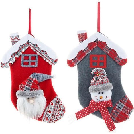 2 pcs chaussette de Noël maison Père Noël bonhomme de neige sac cadeau suspendu ornement suspendu pour sapin de Noël (1/4)