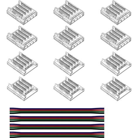 12 Pièces Connecteur LED à 4 Broches 10mm avec 4 Câbles Extension 22 AWG pour Ruban RGB 5050 SMD Streifen Steckverbinder Set 12V/24V Sans Soudure Extension RGB Adressable 4Pin Gapless Transparent (1/5)