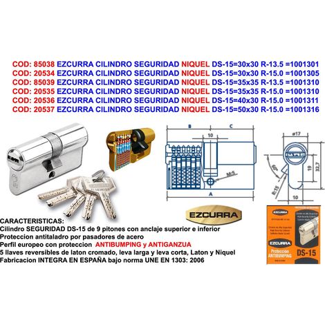 EZCURRA DS-1540x30 R-15 Anti-Bumping-Nickel-Sicherheitszylinder