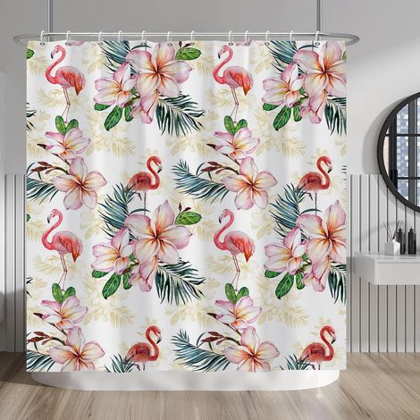 Cortina de ducha con flamencos tropicales, diseño floral en acuarela rosa y plantas verdes, poliéster impermeable, con ganchos, 180 x 180 cm (1/4)