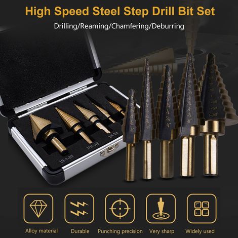 Coffret de 5 forets étagés multi-trous en acier rapide, 50 tailles au total, avec boîte en aluminium (1/3)