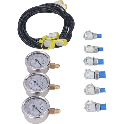 Kit de test de pression hydraulique portable pour appareils industriels, comprenant 3 manomètres, 6 raccords et 3 tuyaux. (1/5)