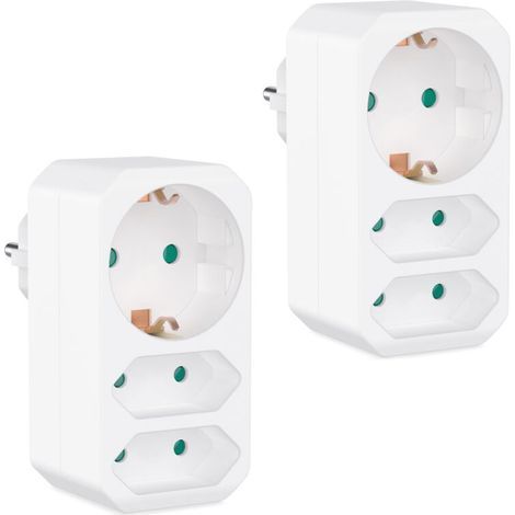 Set de 2 Prises multiples blanc - Adaptateur de prise avec sécurité enfant - Double prise 3680W - Multiprise triple - Prise electrique 2 Euro et 1 Schuko - Prise avec contact de protection (1/5)