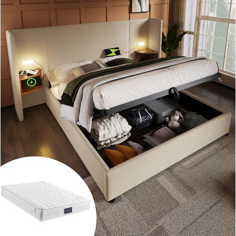 Lit coffre en लिन beige 160x200 cm avec matelas, USB/Type-C, lampe de lecture et tête de lit avec étagère (1/5)