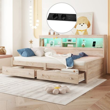 Lit Simple 90x200 avec Canapé Convertible, 2 Tiroirs, Ports USB, Éclairage LED et Sommier - naturel (sans matelas) (1/5)