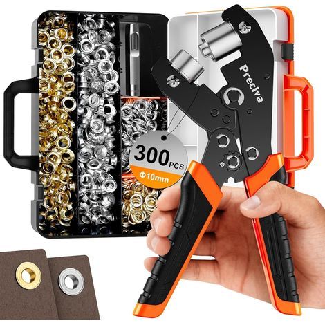 Metal Eyelets Kit 10mm, Self-Locking Eyelet Pliers with Storage Box, Punching Machine and Complete 300PCS Galvanized in 2 Colors (Gold/Silver) for PVC Banner, Tarpaulin and Fabric (1/5)