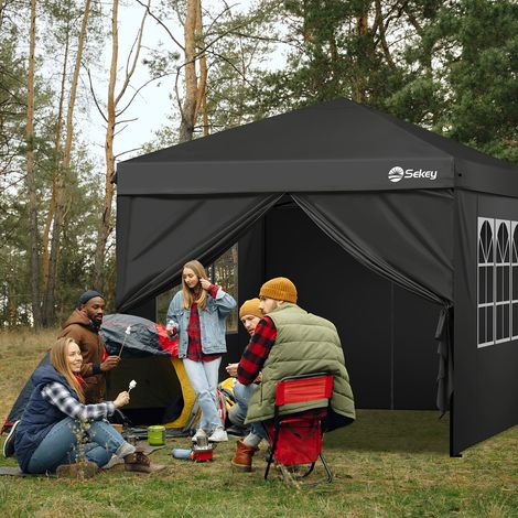 Sekey Pavillon 3 x 3 m mit 4 Seitenteile, Faltpavillon Pop Up Pavillon Faltbar - mit 4 Sandsäcke - Wasserdicht Stabil Winterfest, Schwarz (1/5)