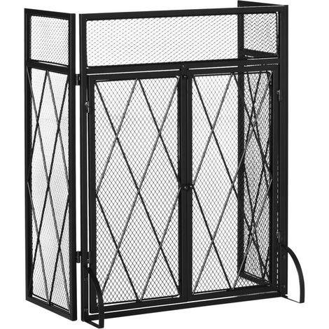 Grille de protection pour cheminée 120 x 79 cm - pare-feu pour cheminée ou poêle - pare-étincelles - barrière de sécurité - 3 volets pliables et porte - métal noir (1/5)