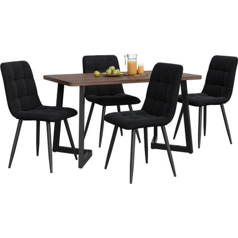 Table noyer MDF 5 pièces, 4 chaises velours noir, pieds métalliques noirs (1/5)