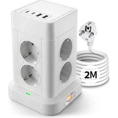 Multiprise avec Interrupteur Tour Multiprise Prises et USB C Max Parafoudre et Surtension Câble à la Maison et au Bureau Blanc Prise de Type Allemand (1/5)