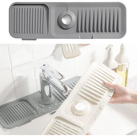 Tapis de robinet en silicone, protège-robinet anti-éclaboussures, tapis de séchage pour robinet, tapis de séchage pour cuisine, salle de bain et plan de travail (gris) (1/4)