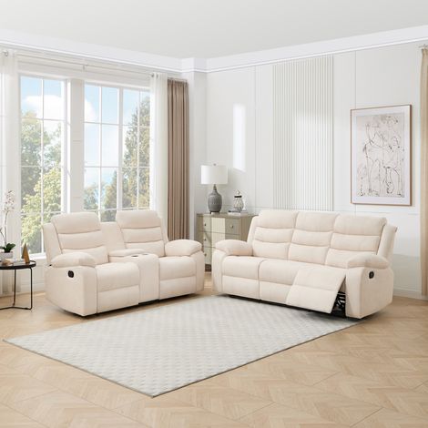 BOSTON 2 w CONSOLE+3 SEATER MANUAL FABRIC RECLINER w DRINKS CONSOLE SOFA SET BEIGE (1/5)