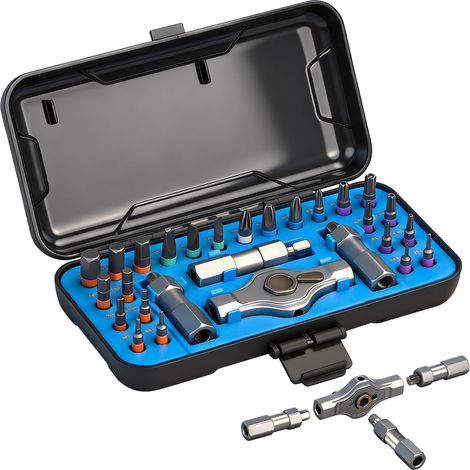 Tournevis à cliquet 24 en 1 - Kit tournevis magnétique de précision avec 24 embouts S2, poignée en aluminium amovible, outils de réparation pour meubles, bricolage, PC - Bleu (1/5)