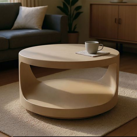 Table basse ronde contours sculptés 80x36cm marron clair - EZYA