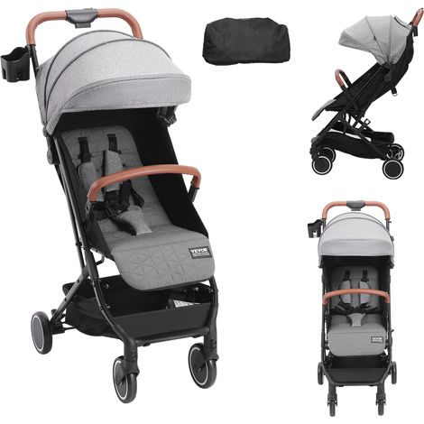 VEVOR Kinderwagen 71 x 44 x 107cm, mit 95°-175° verstellbarer Rückenlehne und 0/90° verstellbarer Fußstütze und Ein-Klick-Faltfunktion, Kinderbuggy mit Getränkehalter und Tragetasche, Dunkelgrau