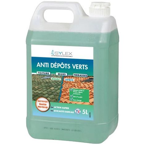 Nettoyant anti dépôts verts pour toitures, murs et terrasses – Action rapide sur mousses et lichens – Produit concentré 5L – Sylex
