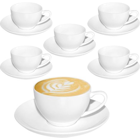 Juego de 6 tazas de capuchino, 200 ml, tazas de café blancas con platillos, tazas de capuchino de porcelana, aptas para lavavajillas, tazas de café con leche (1/5)
