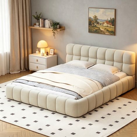 Lit adulte 160x200 cm – Beige – Tissu lin – Tête de lit rembourrée – Cadre lattes – Style moderne – Structure panneaux