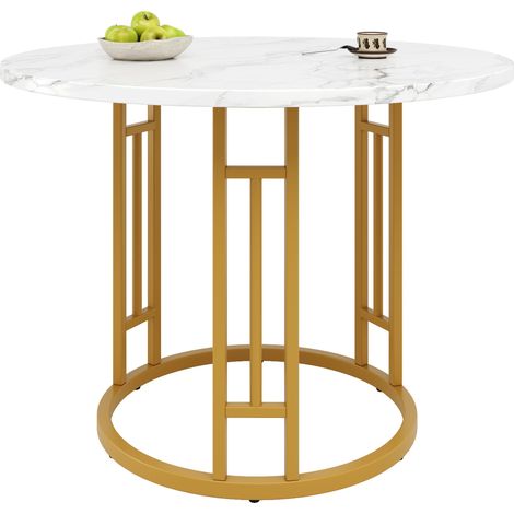 Mesa de Comedor Redonda en MDF con Motivo Marmoleado, Patas Ajustables y Base Robusta - 80×80×76 cm, Dorado (1/5)