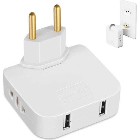 1 multiprise plate avec 2 prises 220 V et 2 ports USB, connexion rotative à 180°, adaptateur européen pour espaces réduits, prise murale plate (1/5)