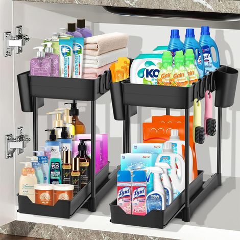2PCS Rangement sous évier, Étagère coulissante 2 niveaux, Organisateur cuisine salle de bain, ABS et fer forgé noir