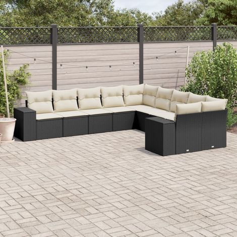 Ensemble Salon Jardin 10 Places Noir Résine Tressée avec Coussins Crème - Meuble Extérieur Modulaire Polyrotin (1/5)