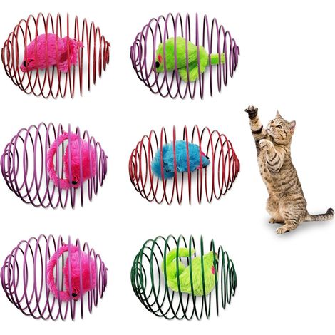 Lot de 6 jouets de printemps pour chat, balles de printemps de chat colorées de 3,9 pouces avec souris, jouets interactifs pour chat, jouets de cage en métal extensibles, jouets de printemps (1/5)