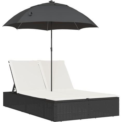 Maison Exclusive - Lettino Prendisole Doppio Cuscini e Parasole Nero in Polyrattan