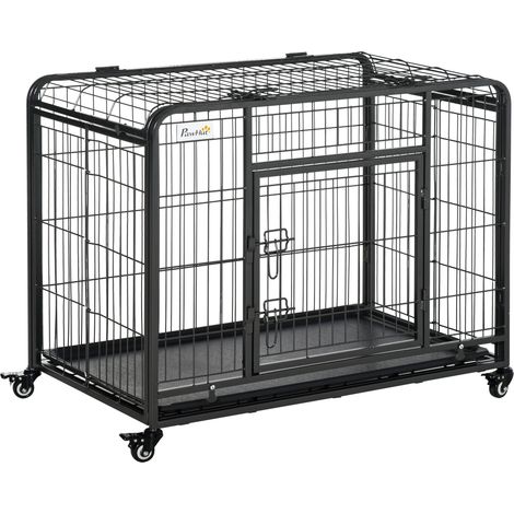 PawHut Faltbare Hundebox, Transportkäfig auf Rollen, 2 abschließbare Türen, herausnehmbare Wanne, Maße: 94 x 58 x 69,5 cm (L x B x H), Grau/Schwarzes Metall