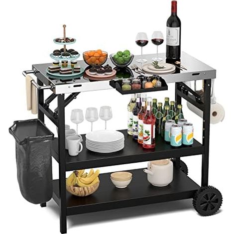 Table de Barbecue avec 3 étagères, Chariot de Barbecue avec étagère réglable, Support de téléphone, étagère à épices, Porte-Serviettes, Porte-mouchoirs et Crochets, Chariot de Service d'extérieur (1/5)