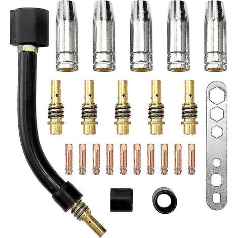 Lot de 24 électrodes consommables 15AK pour torche de soudage MIG : coupelle de protection, embouts de tige et coudes en col de cygne. (1/4)