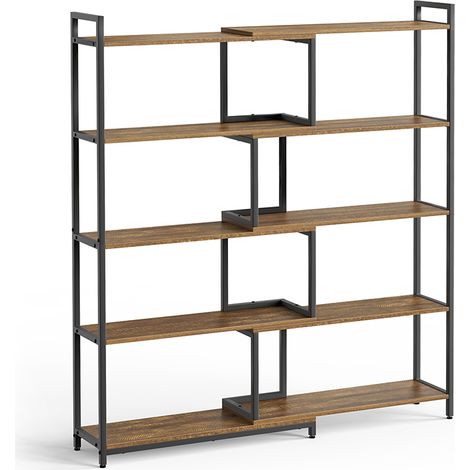 Mondeer – Bibliothèque à 5 niveaux ajustable 80-146 cm – Étagère d'angle style industriel – Capacité 10 kg par étagère – Marron vintage