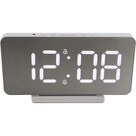 Réveil numérique, grand écran LED, double alarme, luminosité réglable, chargement USB, miroir argenté. (1/5)