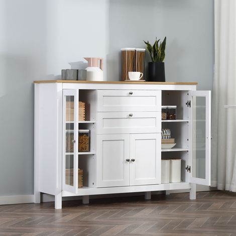 Wohnzimmer-Sideboard, Aufbewahrungsmöbel mit einem Doppeltürschrank, zwei Vitrinenschränken, zwei Schubladen und einem verstellbaren Einlegeboden, moderner Stil, geeignet für Esszimmer und Küche, 120 