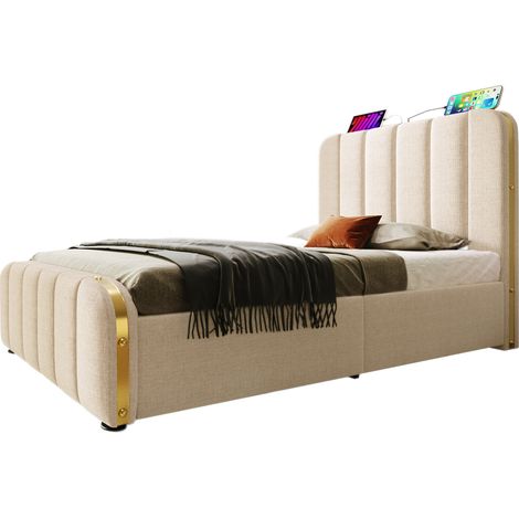 Lit capitonné 1 place 90x200 cm avec 4 tiroirs, tête de lit inclinée, ports USB et USB-C, finition tissu beige, cadre métal et sommier à lattes – CHICFURN (1/5)