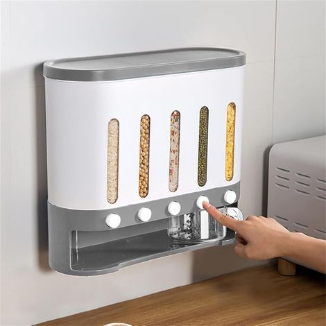 Distributeur de céréales mural - Boîte de rangement pour céréales sèches - Seau avec tasse (blanc gris) (1/5)