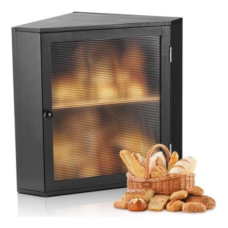 Eck-Brotkasten doppellagiger Brotbehälter Brotbox Organizer aus Holz für selbstgebackenes Brot, Aufbewahrungsbehälter mit gewellter Acryl-Türplatte, Brotaufbewahrung Lagerung Schwarz (1/5)