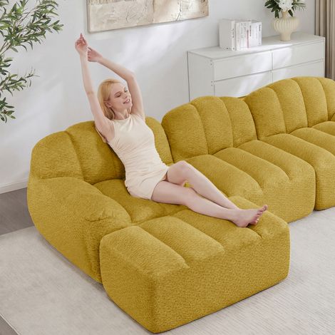 Canapé d’angle modulable 3 places 288 x 165 x 79 cm - Tissu bouclette jaune - Pouf, mousse 32D (1/5)