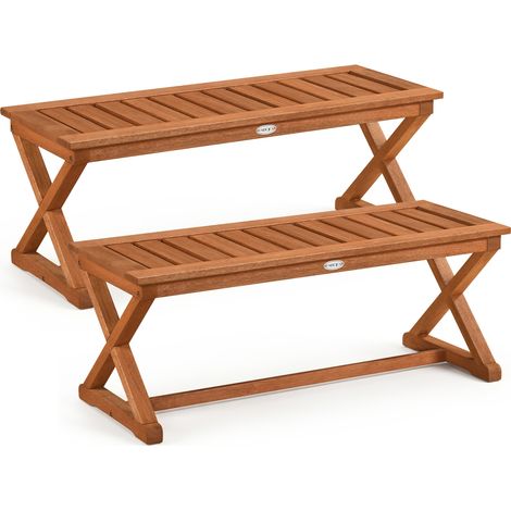 Lot de 2 Bancs Extérieurs Jardin en Bois 110cm, Banc de Jardin à Lattes sans Dossier avec Structure en Forme X et Traverse Renforcée, Charge 200kg (1/5)