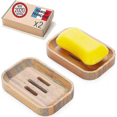 Lot de 2 porte-savons en bambou naturel, faits main, écologiques, résistants aux moisissures, avec trous de drainage et antidérapants, pour salle de bain, cuisine et douche. (1/5)