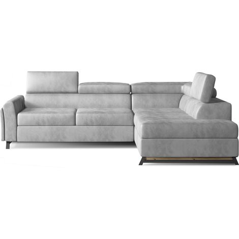 Canapé angle droit convertible velours gris clair avec têtières réglables Nikos 265cm (1/3)
