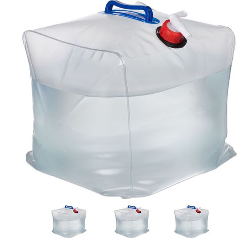 Relaxdays Tanica Acqua da Campeggio, 20 L, Pieghevole, Set da 4, con Rubinetto, Manici, Serbatoio BPA free, Trasparente