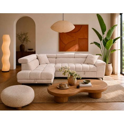 Bestmobilier – Canapé d'angle gauche 5 places convertible – Têtières ajustables – Coffre de rangement – Velours texturé beige (1/5)