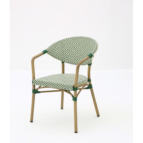 Fauteuil Bistrot Extérieur Intérieur Empilable – Structure Aluminium Aspect Bambou – Tressage Textilène – Style Terrasse de Café (1/5)
